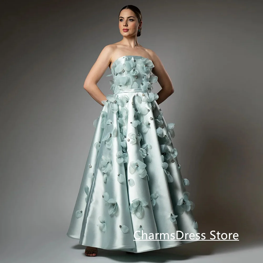 

Fashion Flowers Evening Dress Customized Sleeveless Strapless Crystal Stone A Line Ankle Length A Line Prom Party Gown