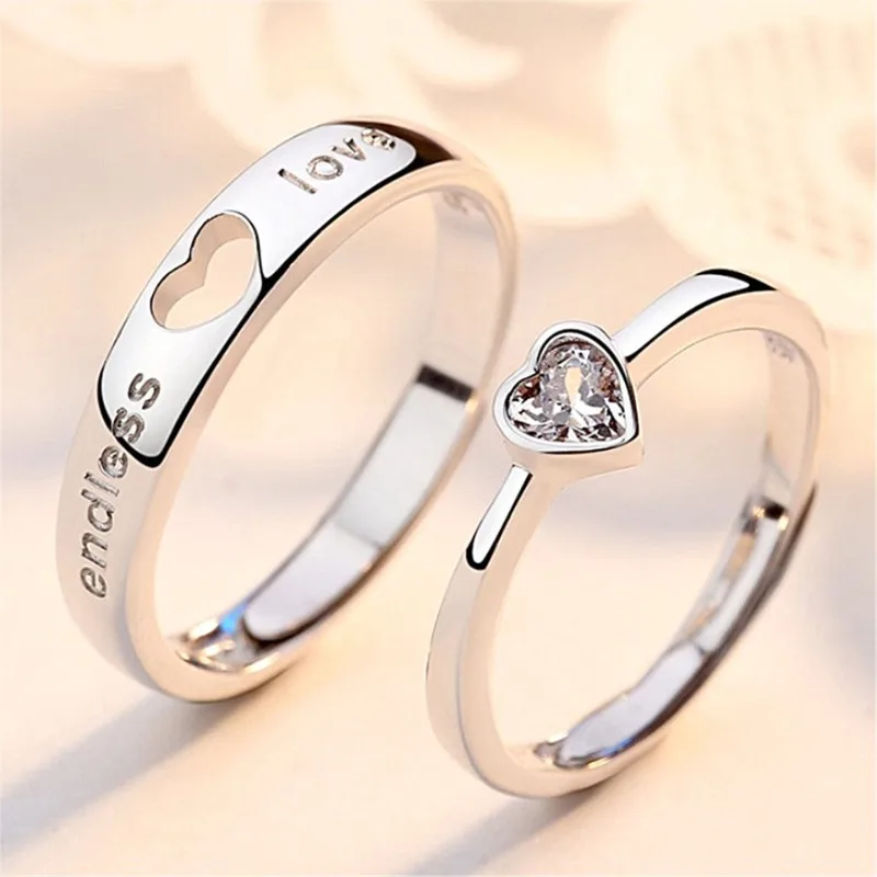 2Pcs/sets Silver Heart Matching Couple Rings Set Forever Endless Love Girls Boys Wedding Ring for Women Men Charm Jewelry Gifts