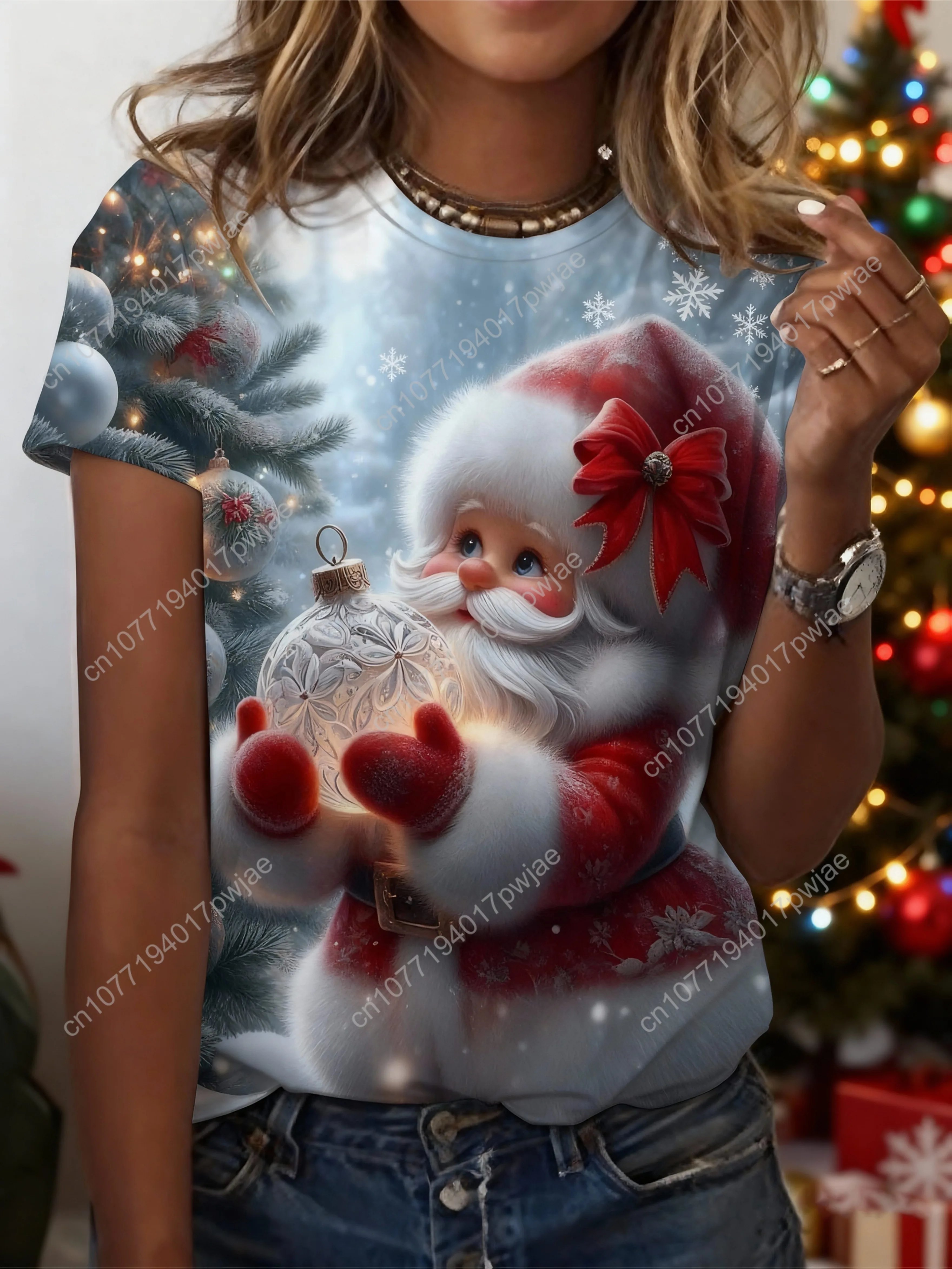 

Women's Elegant Christmas T-Shirt with Santa Claus & Snowflakes Print - Soft Round Neck Short Sleeve Top, Red & White Winter Des