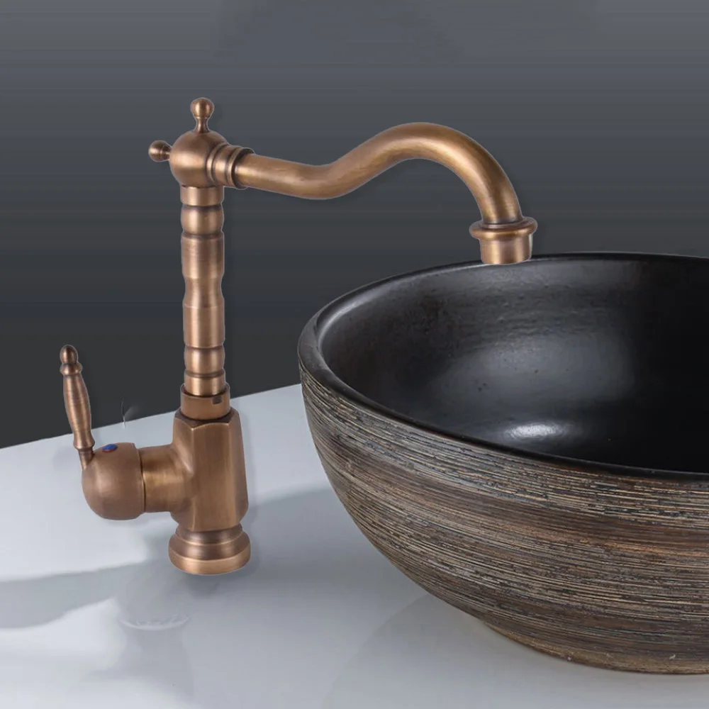 

Antique Brass Single Handle Swivel Spout Bathroom Basin Kitchen Sink Faucet Cold & Hot Mixer Tap asf113