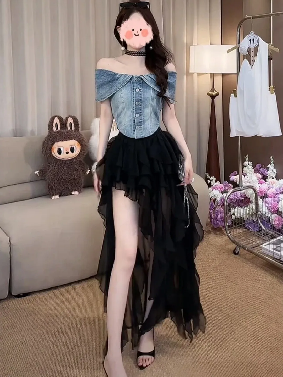 Black Asymmetrical Lace Hem Cake Skirt Women's Summer 2026 High Waist Polyester Fiber Side Split Loose Fit Style Design