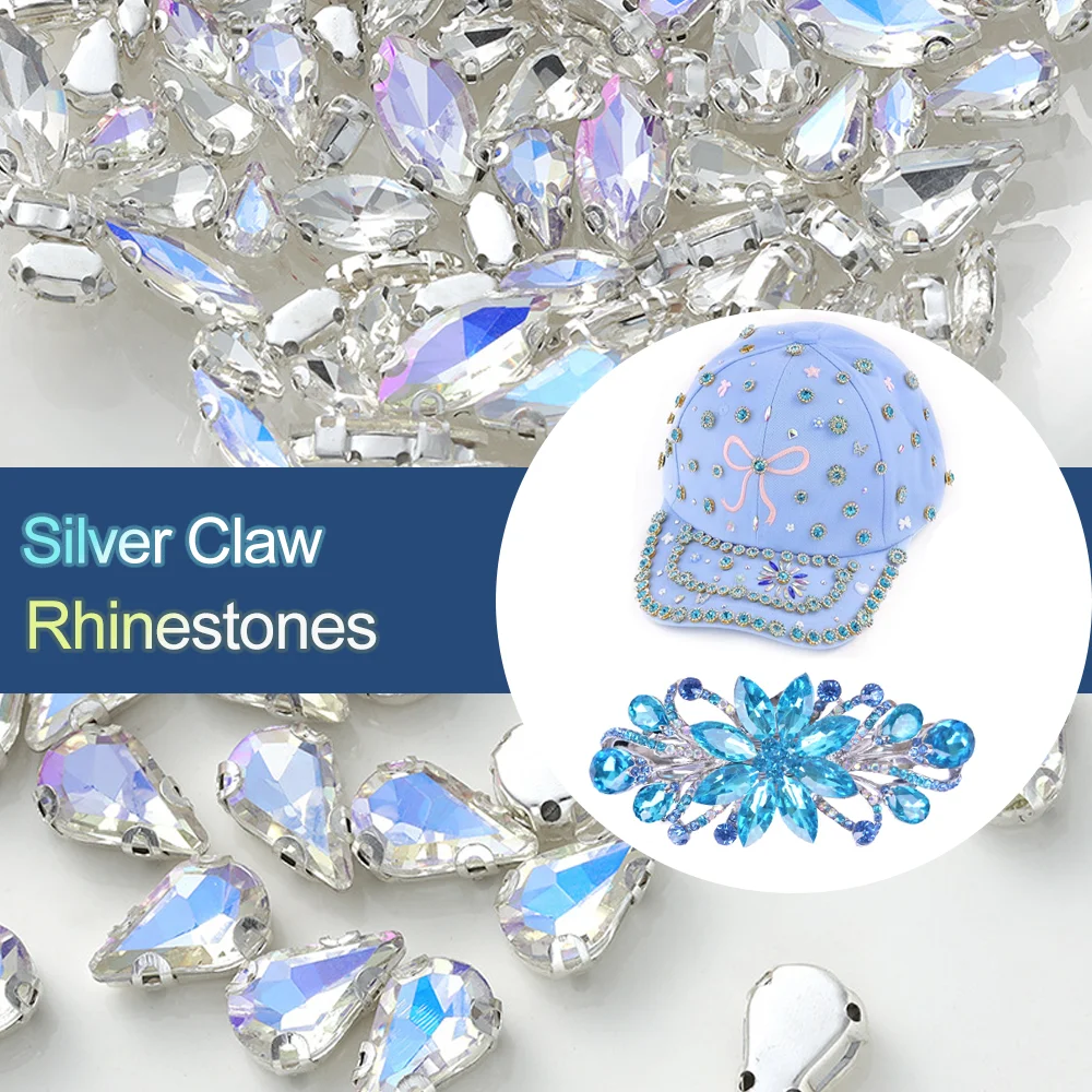 

Moonlight Claw Rhinestone Drop and Horse Eye Shape Glass Sew On Stone With Silver Claw Flatback Claw Crystal for DIY Craft