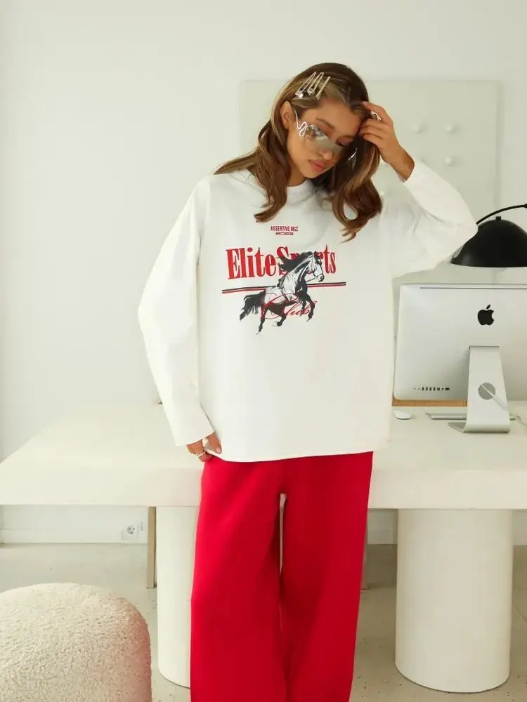 Retro Temperament Pure Cotton Long Sleeve Shirts Fun Comics Printed White Thin Sweatshirts Women Streetwear Tops Trendy Autumn