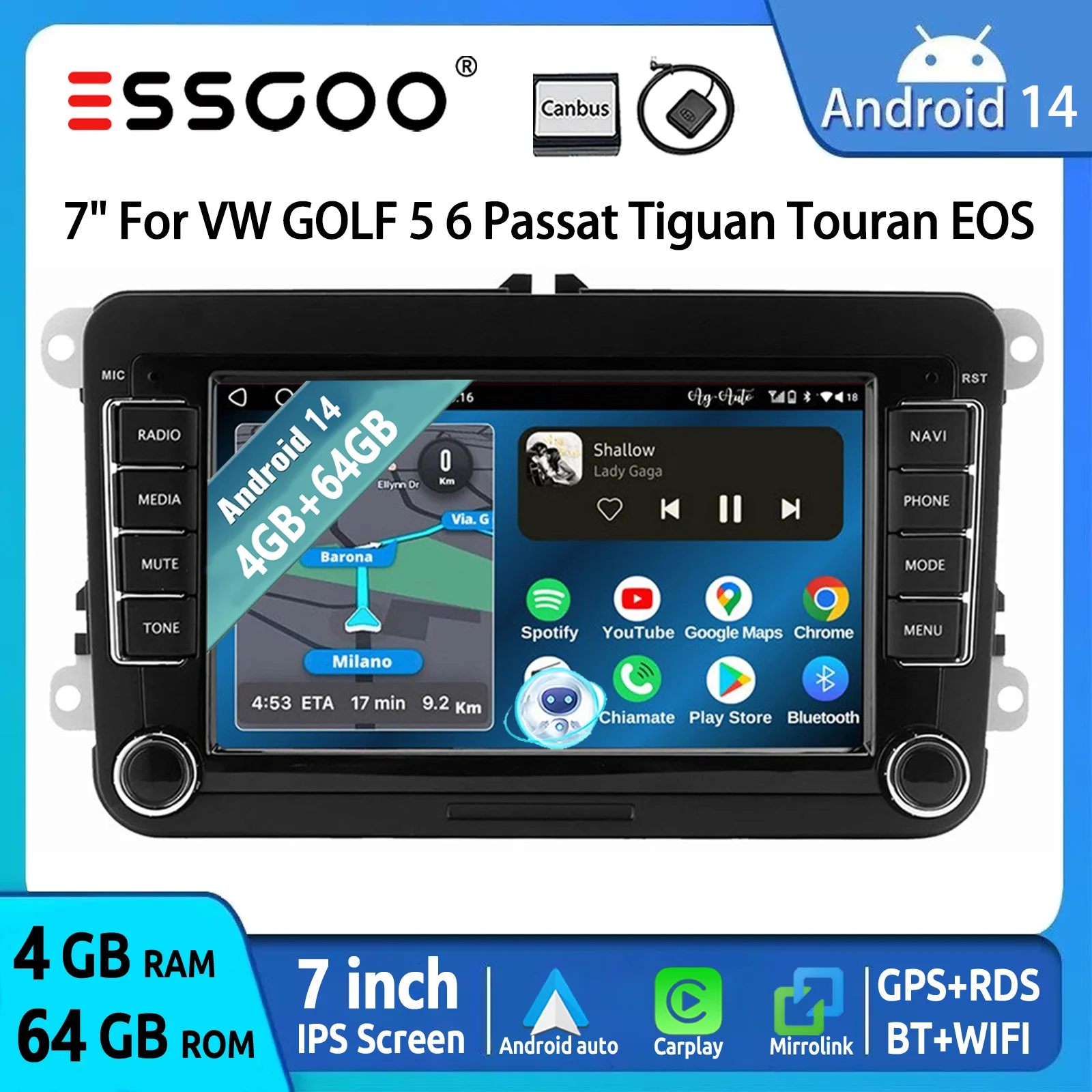 Image of ESSGOO Android 14 Autoradio 7" 4+64GB Wireless CarPlay GPS Navigation WIFI RDS FM Bluetooth für VW Golf 5 6 Passat Polo 6R Touran Tiguan Caddy EOS Jetta Seat Skoda Touchscreen Mirror Link USB
