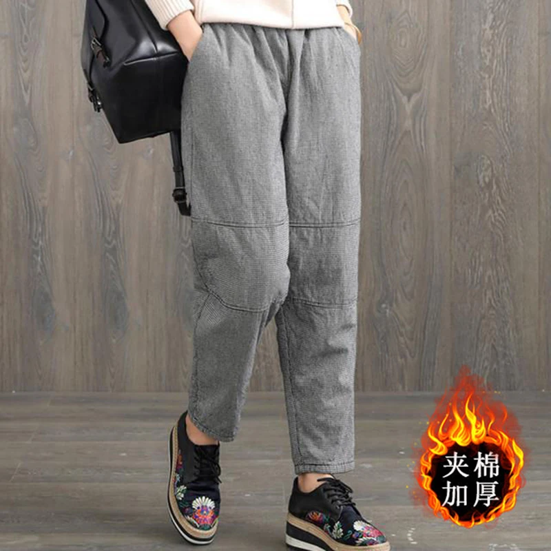 

Повседневные брюки в клетку в стиле ретро, женские осенне-зимние свободные брюки с высокой талией, утягивающие универсальные толстые брюки-шаровары с хлопковой подкладкой