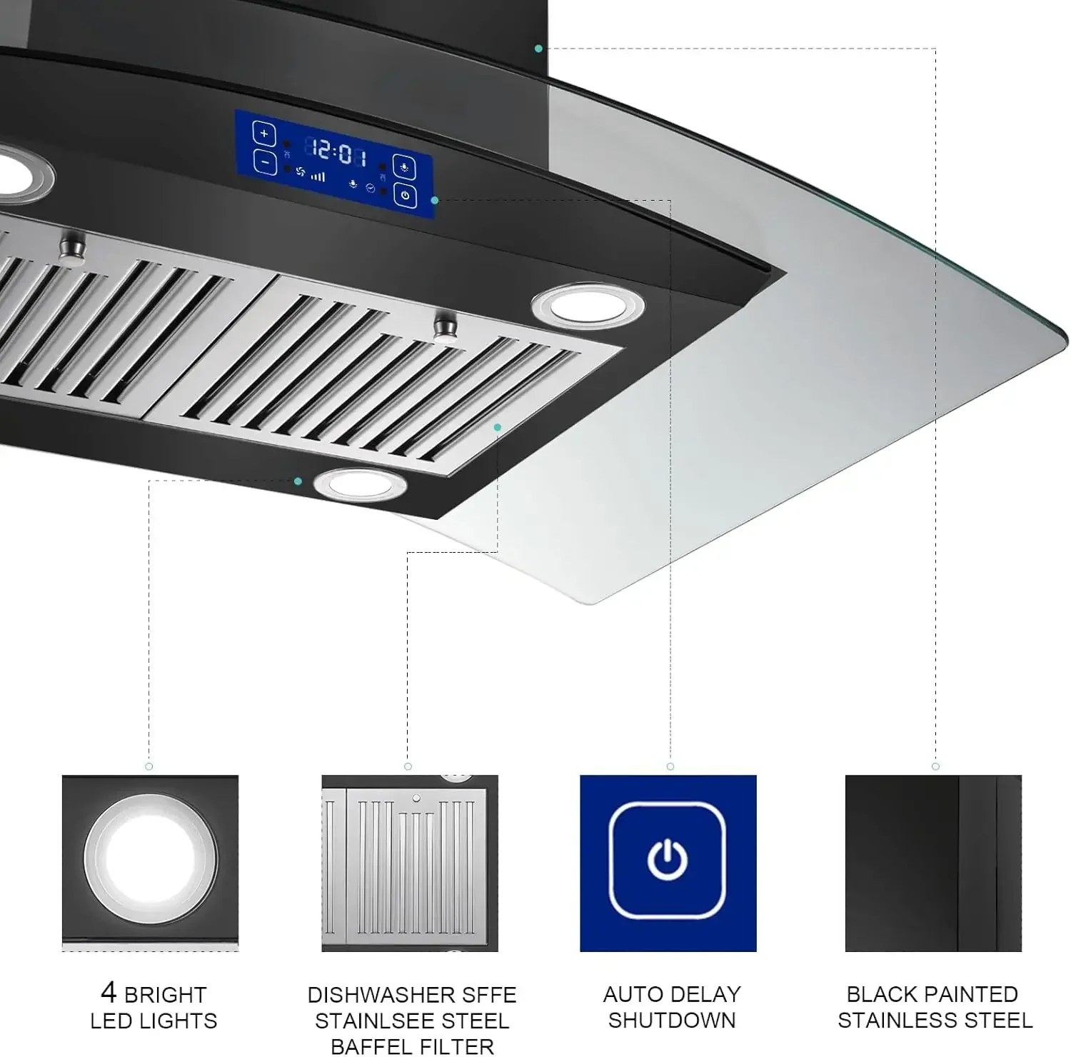 Exaustor ilha de 36 polegadas, 700cfm, aço inoxidável pintado de preto, painel de controle de gestos e toque, montagem no teto, ventilação de cozinha