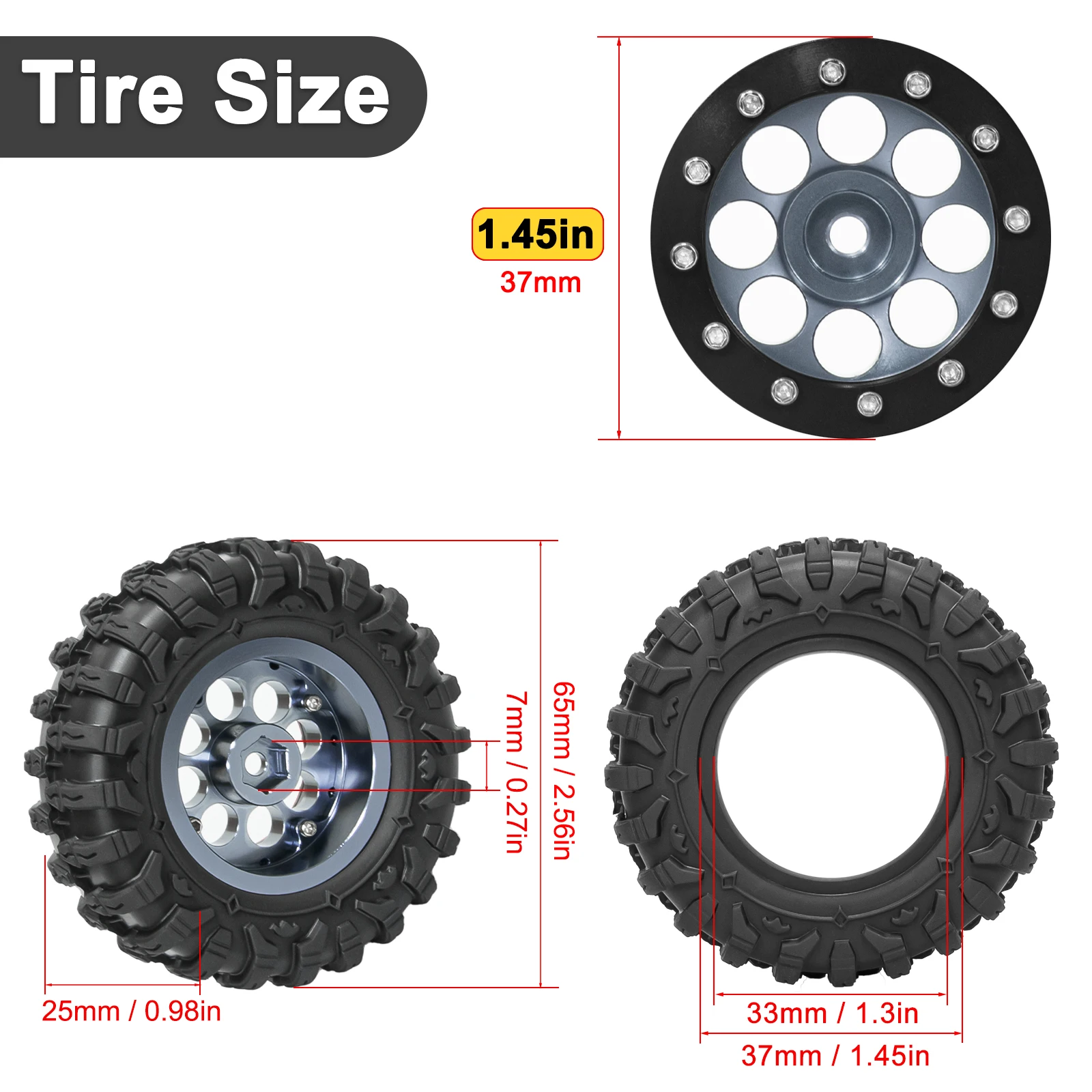 HFLRC 1.3 Inch Beadlock Wheels and Tires with Foam Inserts for 1/24 SCX24 1/18 TRX-4M FCX24 AX24 Aluminum Rims 4PCS