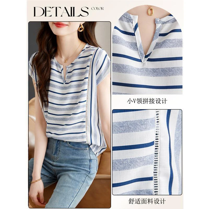 Summer Elegant Fashion Striped Printing Loose Chiffon Shirt Lady Short Sleeve All-match Casual Blouse Women Vintage Pullover Top