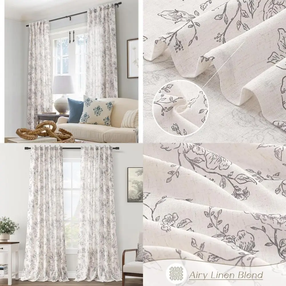 

Rustic Black Floral 95 Linen Curtains, 2-Panel Set, Vintage Leaf Pattern, Light Filtering for Living Room