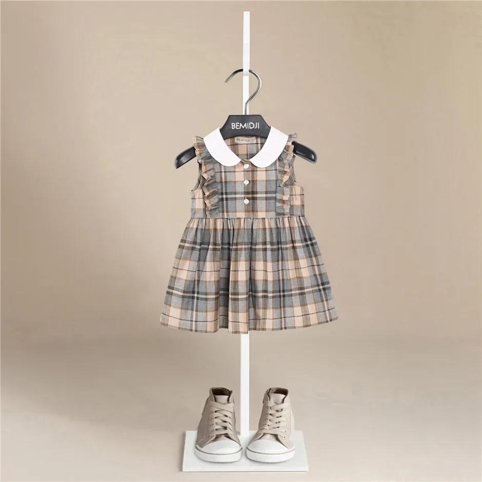 

New Summer Baby Girl Cotton Splicing Plaid Sleeveless Dress Fashion White Turndown Collar Edged Casual Sundress Dress Clothes