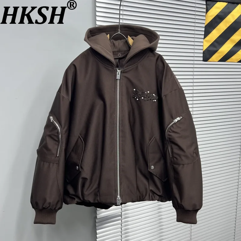 HKSH Autumn Winter New Men Design American Letter Pearl Embroidery Loose Hooded Down Jacket Niche Ins Casual Cotton Coat HK18640