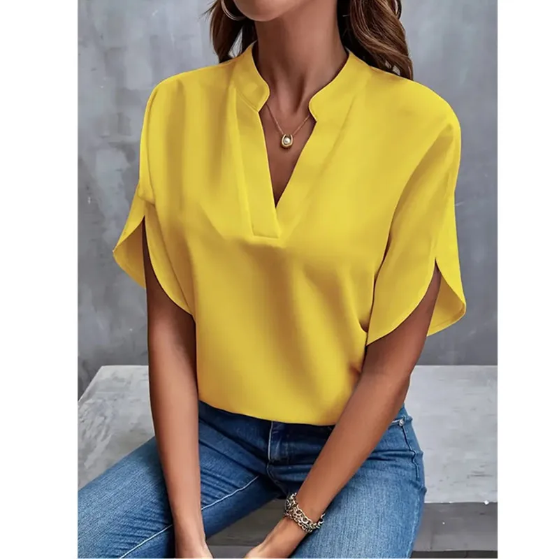 Women Solid Color Shirt Summer Short Sleeve V-Neck Casual Loose T-shirt Blouse Fashion Street Lady Personalized Work Shirt