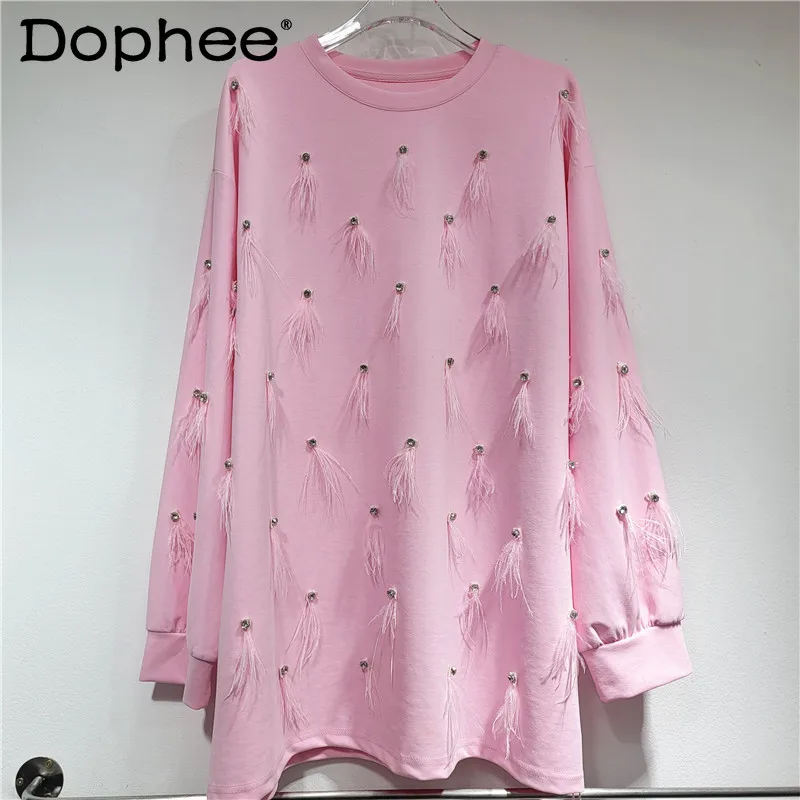 Nappa di piume con diamanti industria pesante girocollo felpe a maniche lunghe donna 2024 autunno nuove felpe oversize Casual