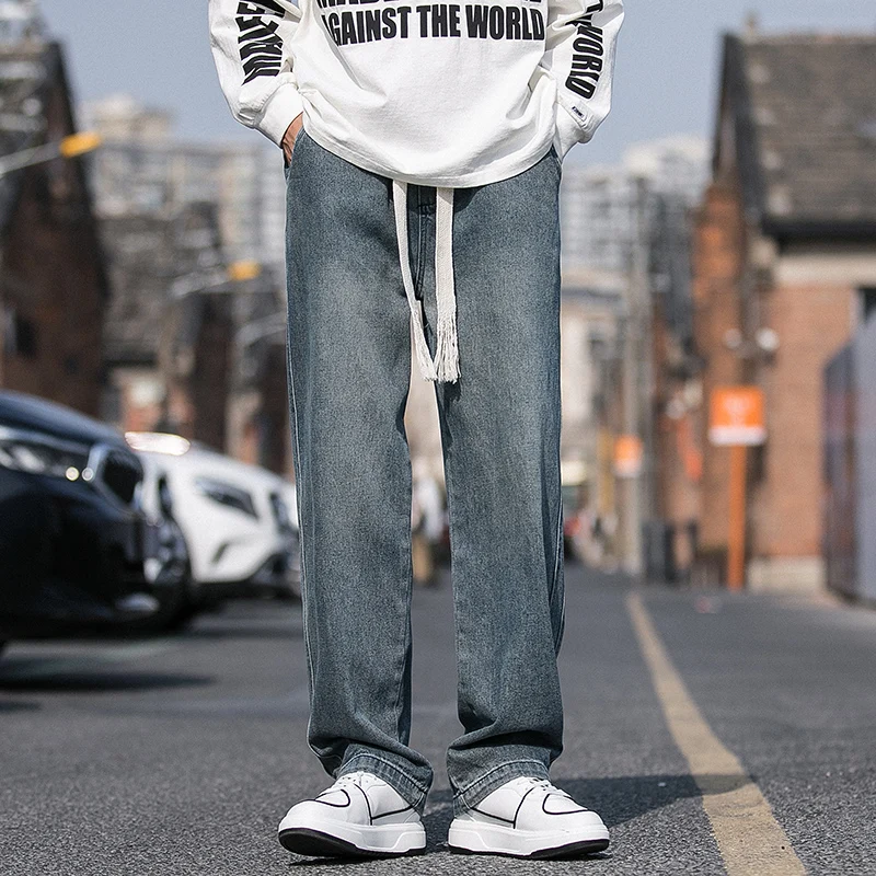 

Waed Vintage Dstring Jeans Men's Straight Loose Wide Leg Pants Spring Autumn American High Street Vibe Cotton Blend
