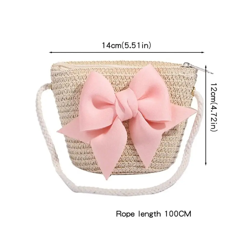 Summer Handmade Woven Girl Straw Bag Cute Solid Color Pink Bow Kid Messenger Bags Photo Props Coin Purse Storage Basket