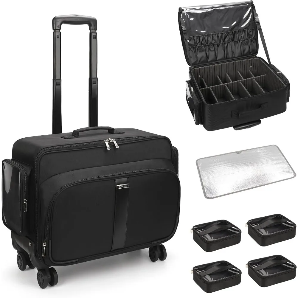 

Large Rolling Makeup Case，Professional Makeup Artist Bag with 4 Small Bag Makeup Case, Adjustable Dividers