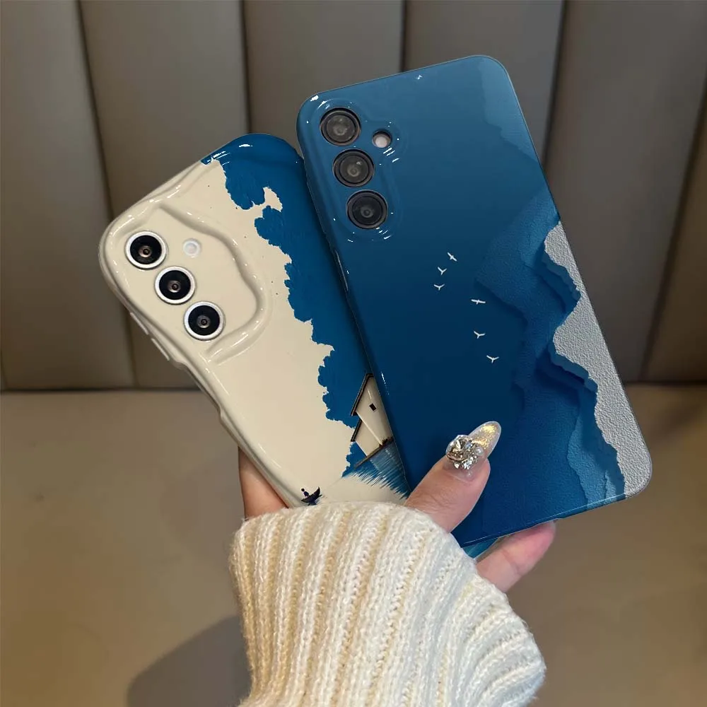 

Blue Minimalist Free Pattern Phone Case For Samsung Galaxy A21s A23 A24 A25 A31 A 32 33 34 35 36 51 53 54 55 56 73 Wave Oil Film