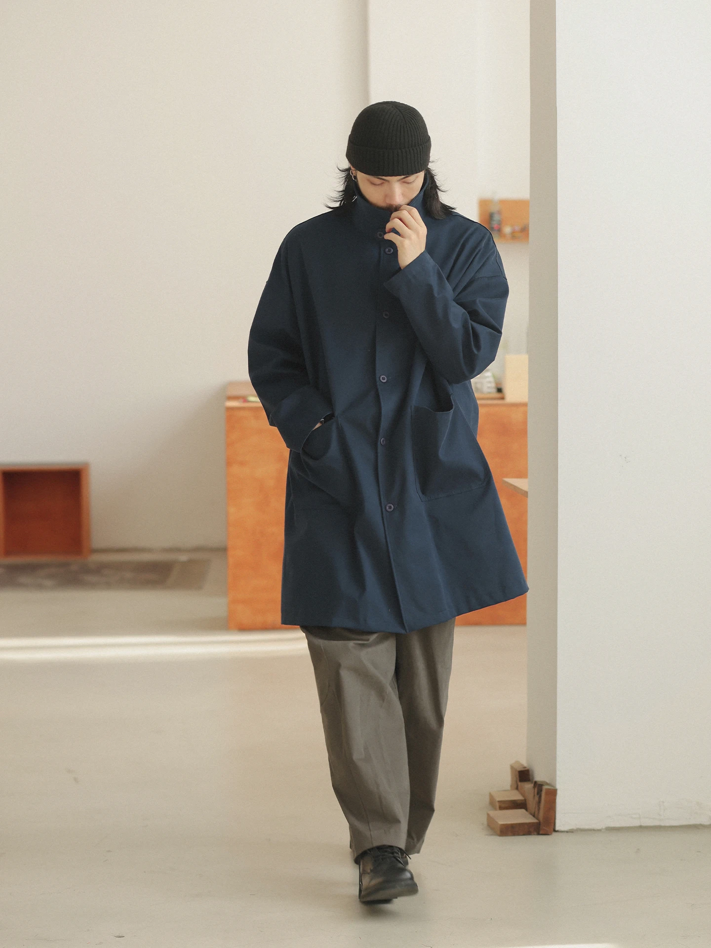 

Noears Asymmetrical Long Coat Loose Fit Retro Japanese Style Windbreaker Spring Autumn Olive Green Classic Collar Cotton Jacket