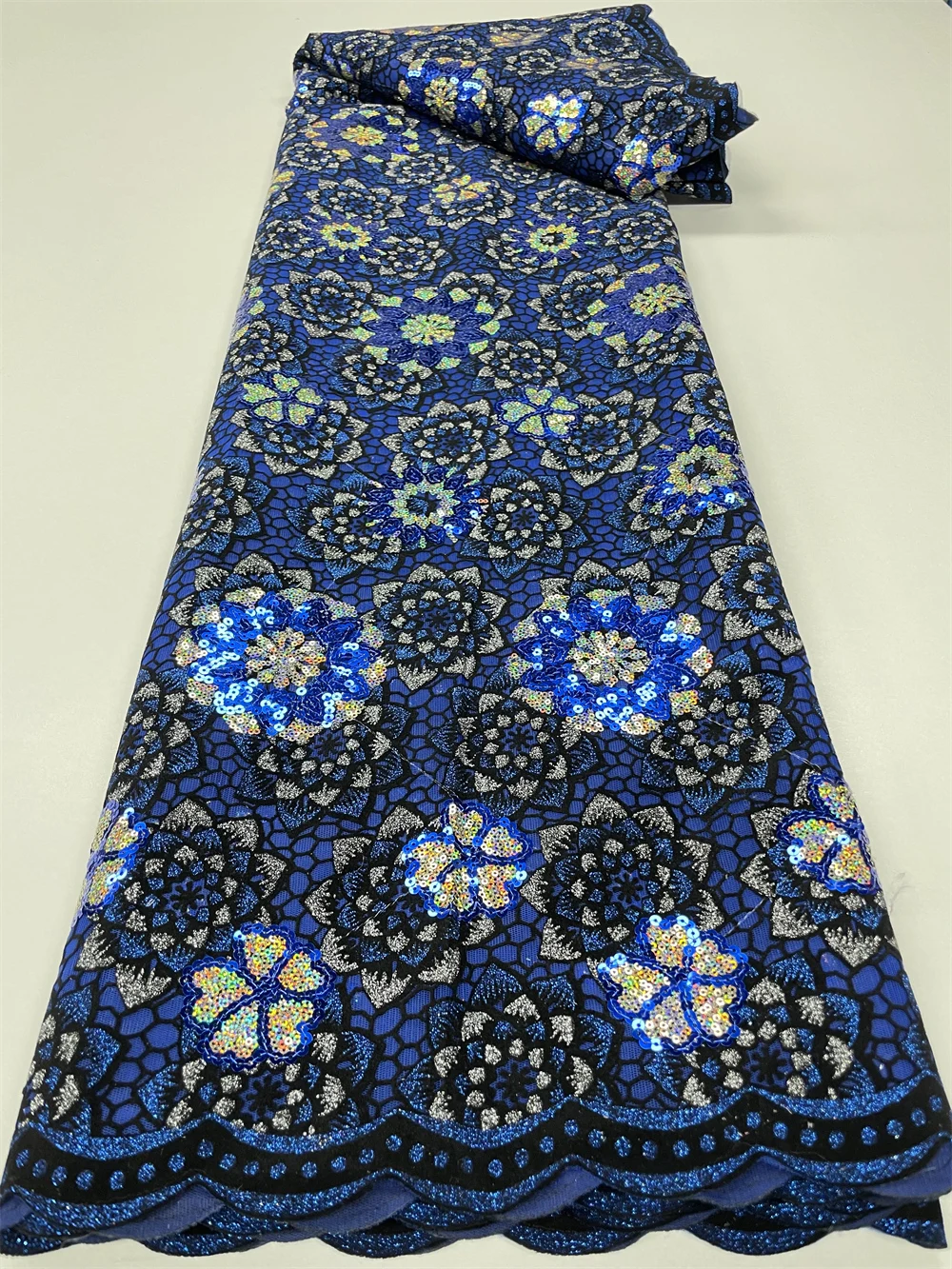 

New Nigerian Lace Fabric 2023 High Quality Sequin Velvet Lace Fabric Royal Blue Embroidered Tulle African Velvet Lace QF0722