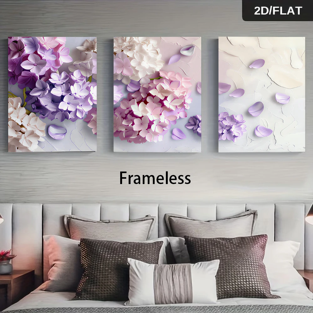 1 set of modern minimalist style three-panel frameless decorative painting featuring purple hydrangeas, 2D flat