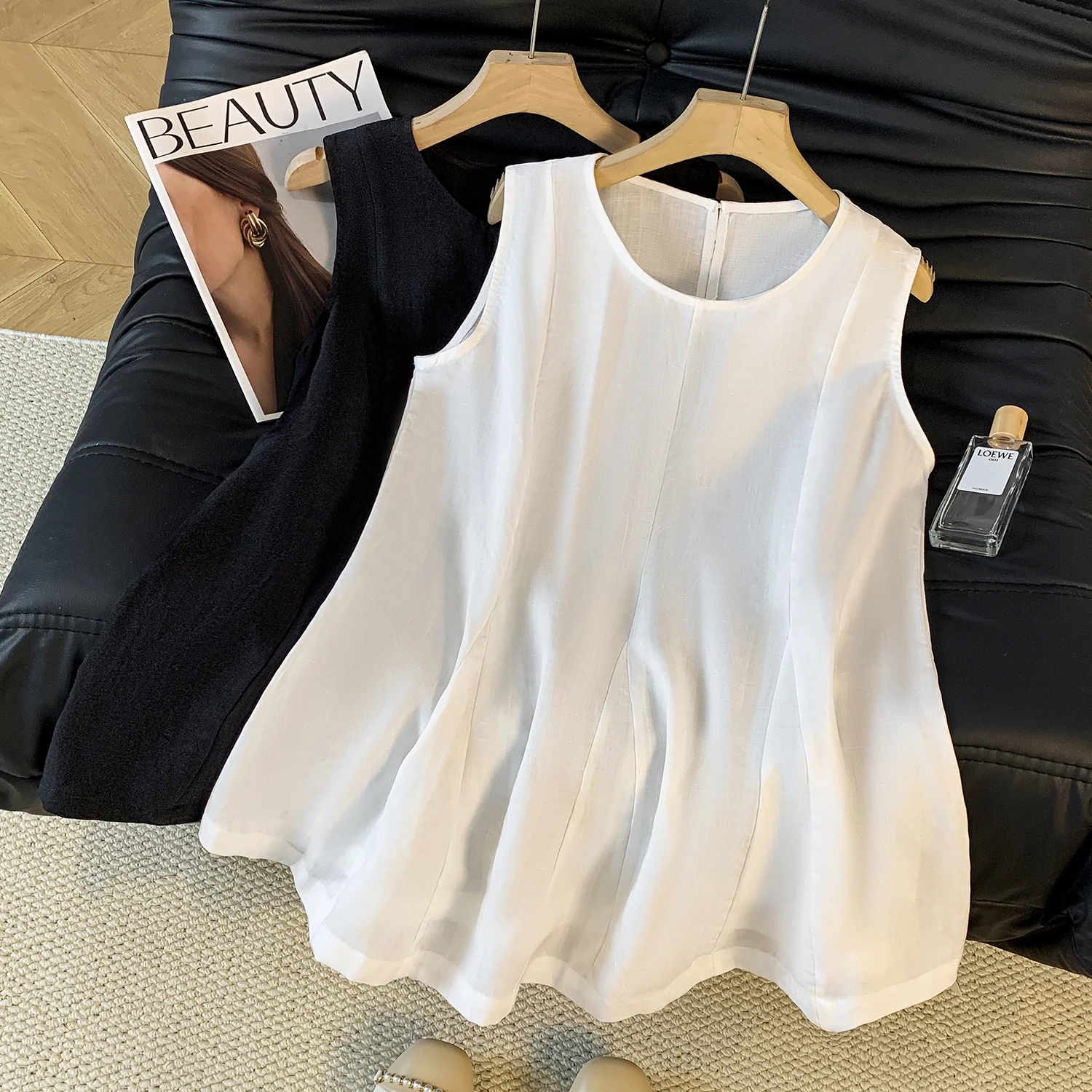 

Cotton Linen irt Summer New Sle Waist-Cinching round Ne Svel Unique Top Pure Color Vest ort Length Women's irt