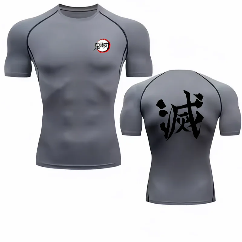 Bandai Demon Slayer Men T-shirt Kimetsu No Yaiba Kanji Print Compression Fitness GymQuick Dry Sport TShirt ComfortableBreathable