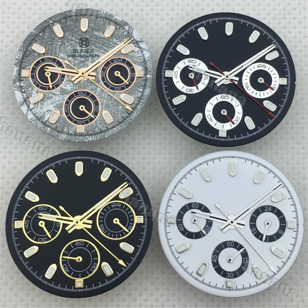 30mm VK63 Panda dial quartz movement chronograph surface 6-hand watch parts green luminous watch accessories