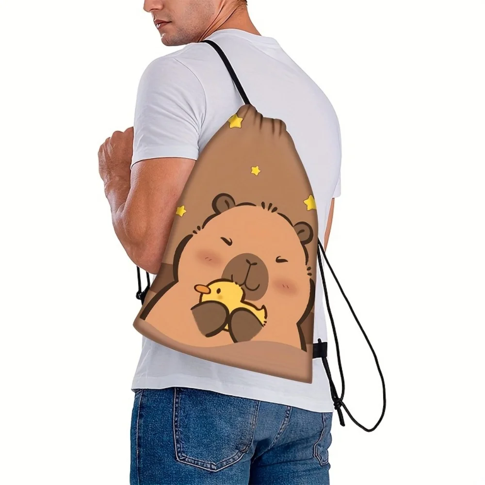 1pc Customized name Capybara Cartoon Drawstring Backpack - Lightweight Polyester Storage Bag with Practical Pockets for Gym,Yoga
