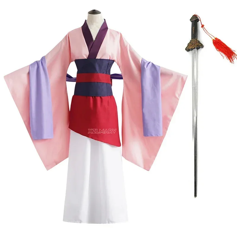 للجنسين الرجال النساء أنيمي هوا مولان فستان تأثيري فستان أزرق أحمر فستان الأميرة الكبار تأثيري حلي هالوين المرحلة زي Hanfu