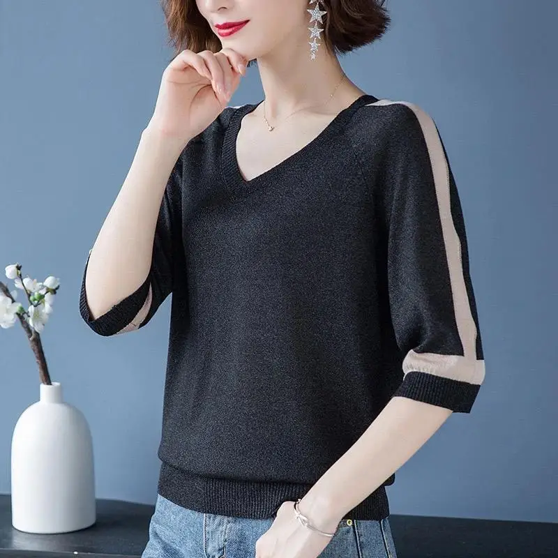 Temperament Summer Thin Women\'s Contrast Color Bright Silk Screw Thread Ice Silk Fabric Simple Half Sleeve Loose Knitted Tops