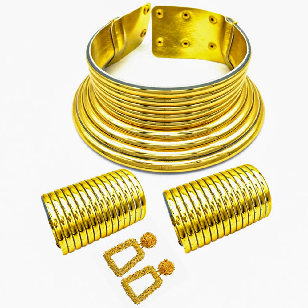 African Vintage Statement Choker Resin Snap Necklaces Bangle Jewelry Sets Women Collar Wide Leather Bracelet Stud Earring Set