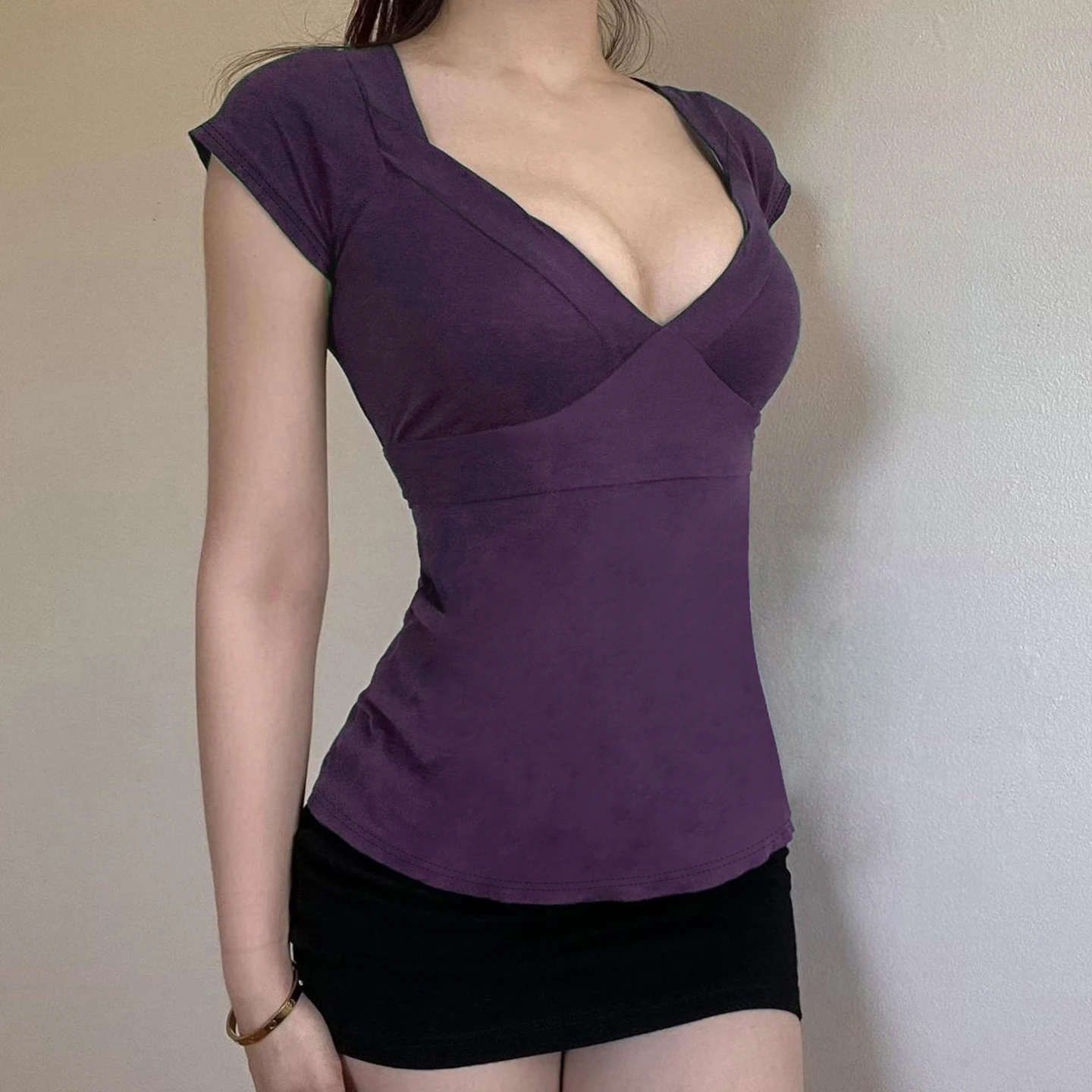 

[RUOKE] Vintage Slim Fit V Neck T-shirt For Women Spring Summer Bandage Short Sleeve Tee Casual Basic Crop Top All-match Daily