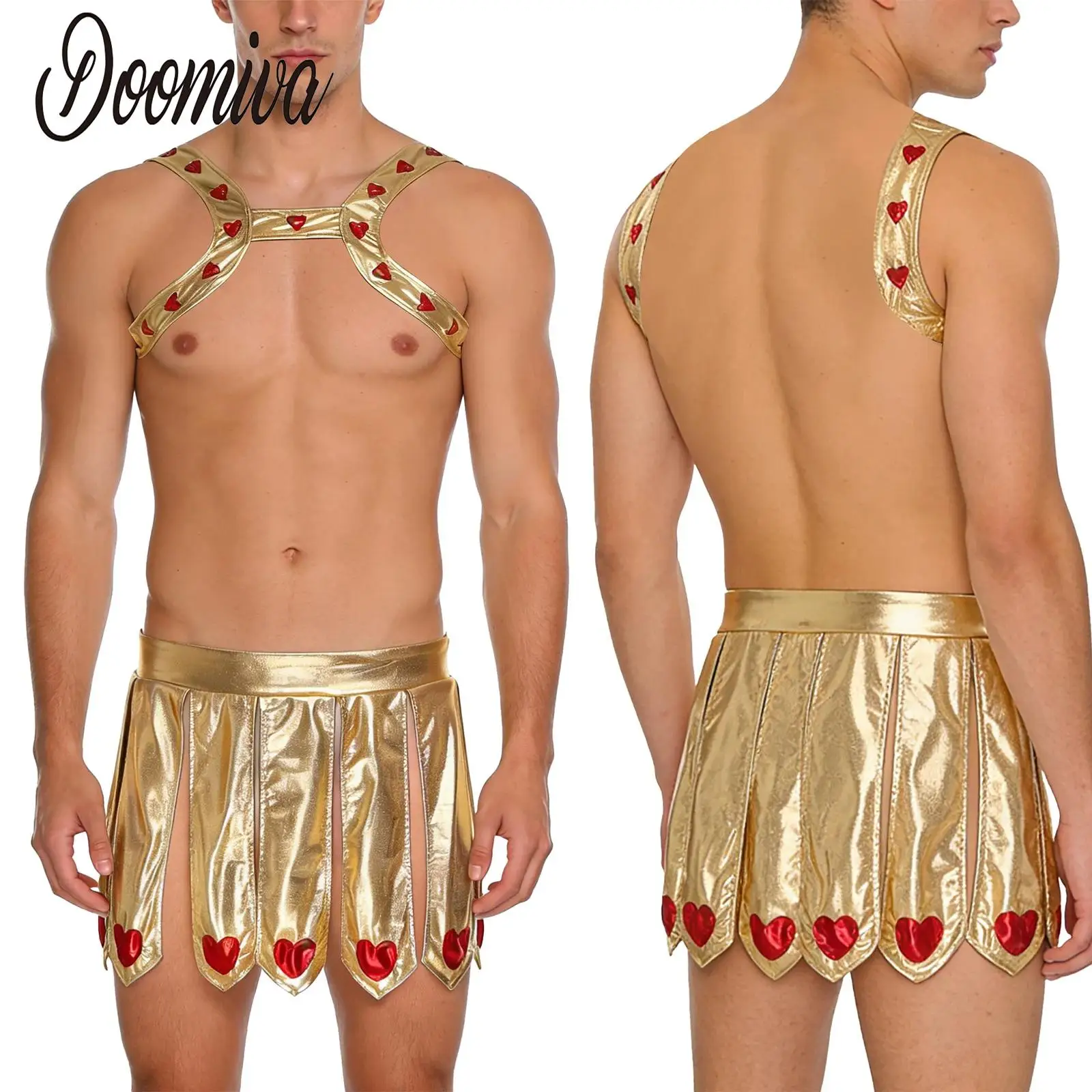 

Halloween Men Cupid Cosplay Costume Lingerie Outfits Metallic Shiny Chest Harness and Slit Skirt Underwear Set for Themed Party