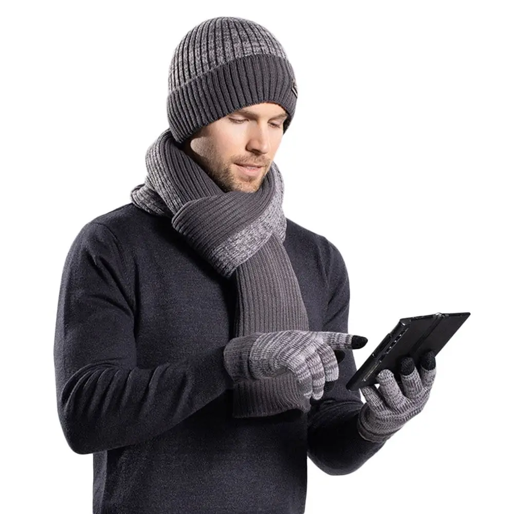 3 قطعة/المجموعة الشتاء الدافئة قبعة صغيرة وشاح محبوك الصوف الصوف بطانة الأوشحة يندبروف في الهواء الطلق قفازات شاشة لمس للرجال والنساء
