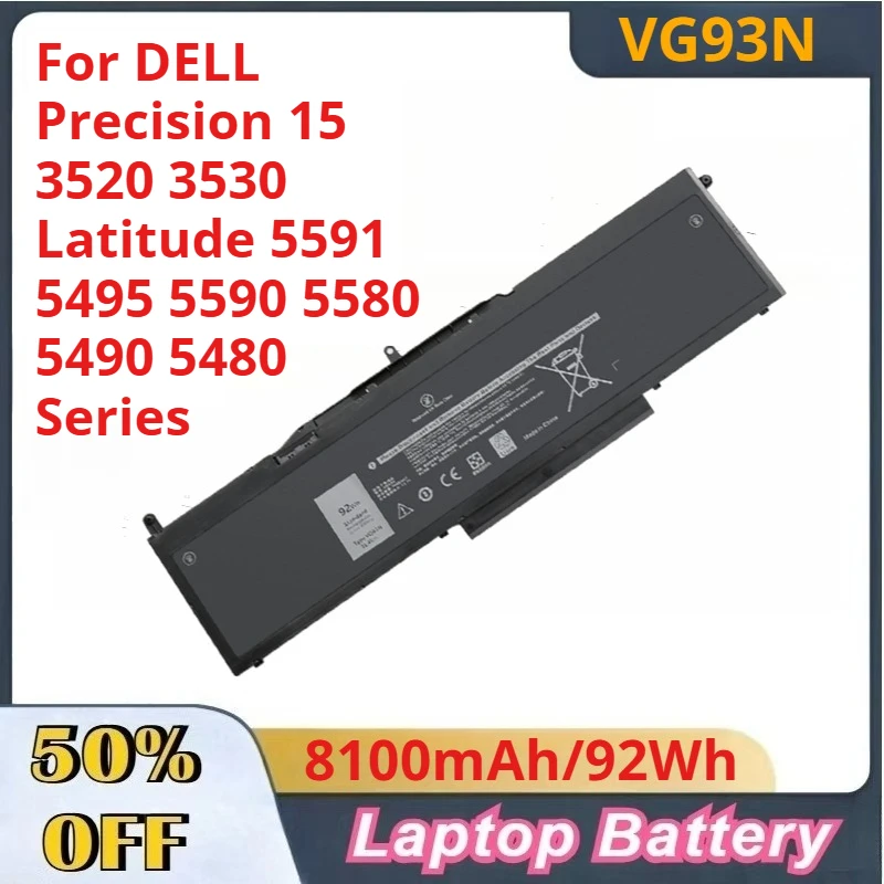 

11.4V 8100mAh VG93N Battery For DELL Precision 15 3520 3530 Latitude 5591 5495 5590 5580 5490 5480 Series