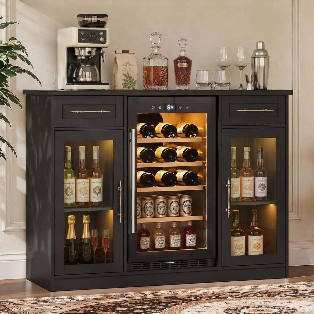 Coffee Bar Cabinet with Fridge Space, LED and Outlet, Black