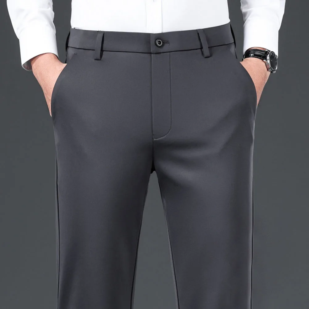 Men Casual Suit Pants Loose Straight Leg Solid Color Formal Business Work Trousers Full Length Office Wear Clothing