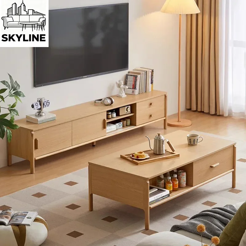 Nordic Wooden TV Cabinet with Drawer Storage, Multi-purpose Media Console Shelf for Speakers & Audio Devices