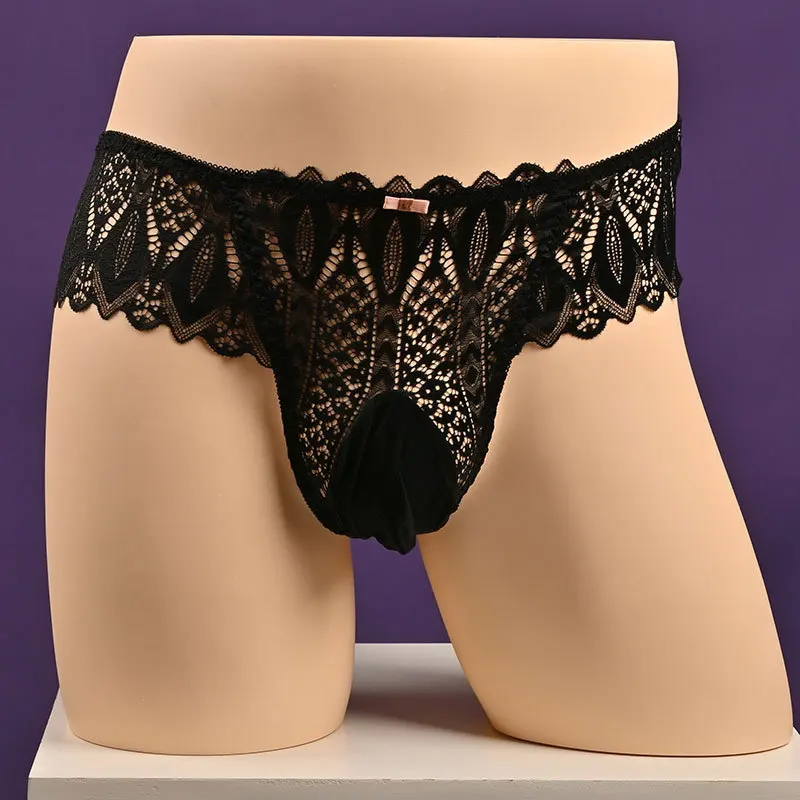 Mens Sissy Pouch Panties Sexy Full Lace Briefs Slarge Size Breathable Silky Slippery Ultra-Thin Lace See-Through Underwear