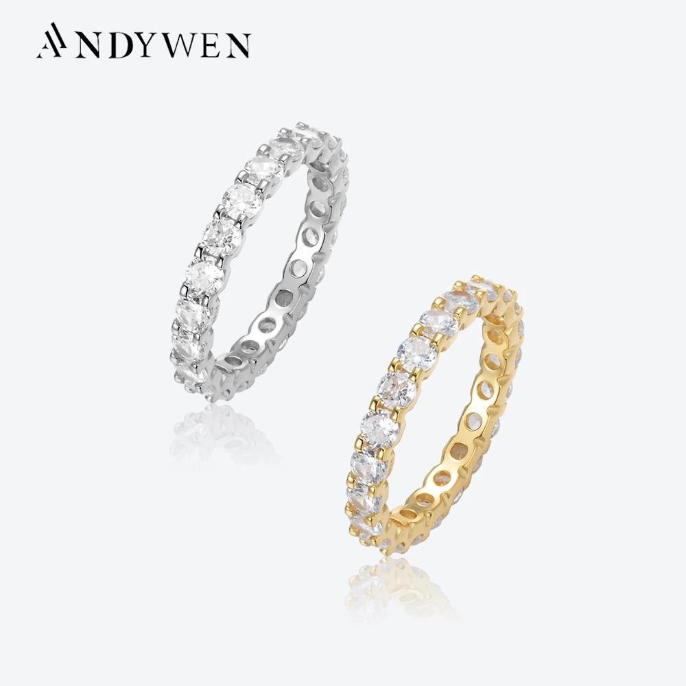 ANDYWEN 100% 925 Sterling Silver Gold 3mm Zircon CZ Ring Luxury Big Large Women Fine Jewelry 2023 Crystal Women Spring Wedding