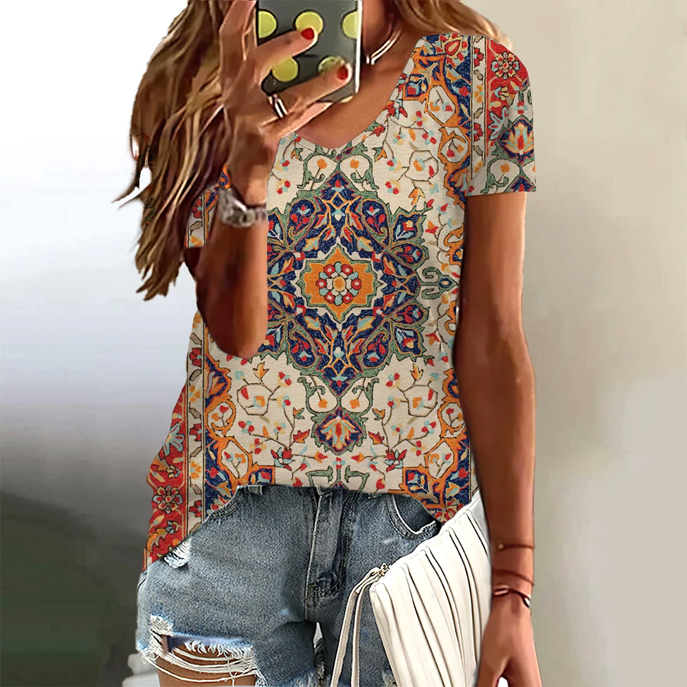 

Women's T-Shirt Floral Pattern Geometric Bohemian Retro Flower Graphil Tropical Short-Sleeved Oversized V-Neck Women's Clothing