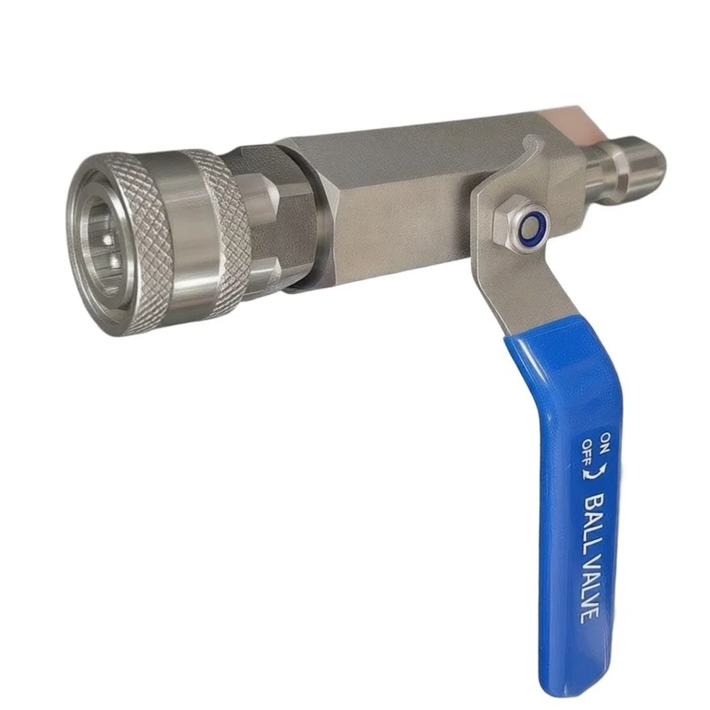 5000 PSI Ball Valve in Stainless Steel for Pressure Washer Hose Integration Using 3/8 Inch Quick Connect Fitting