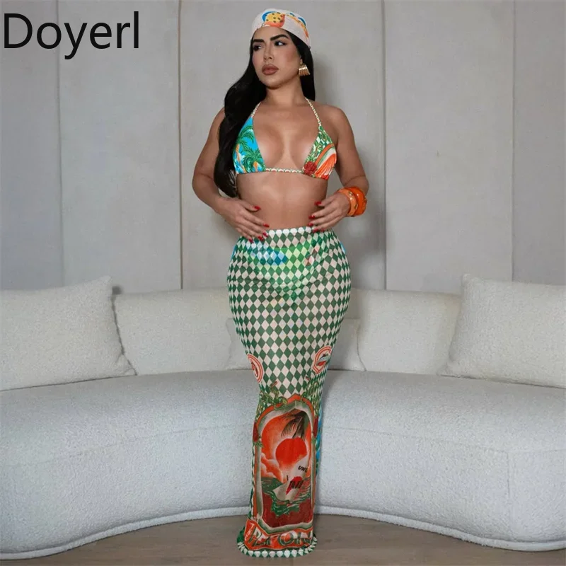 

Doyerl Print Mesh See Through Beach Holiday Outfits Woman 3 Piece Set Club Wear Bikini Bra and Long Skirt Swimwear Matching Sets