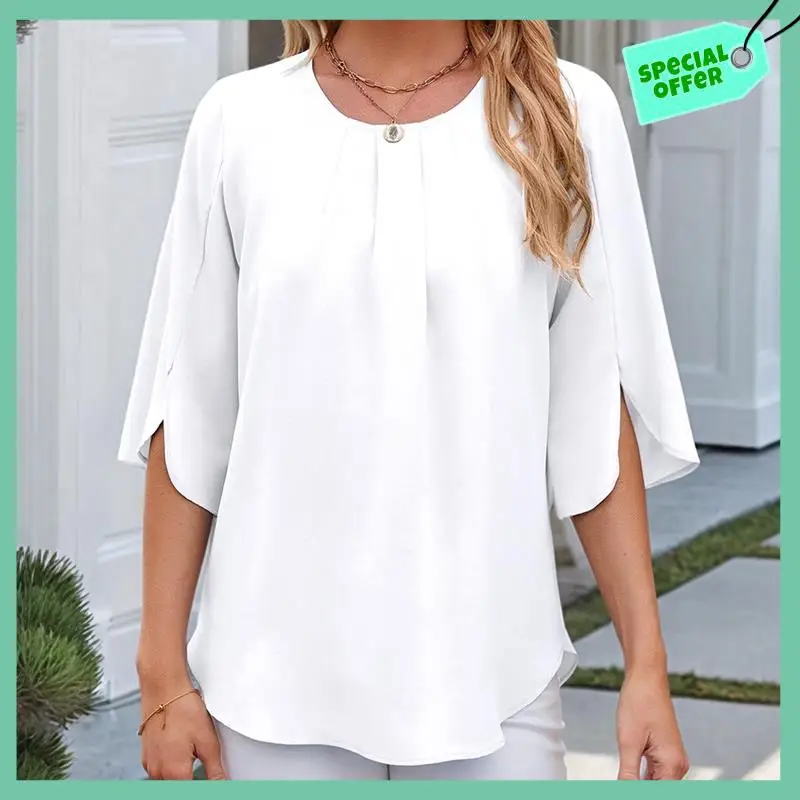 

Sturdy Women's Casual Chiffon Blouse Tops 1/2 Ruffled Sleeve Crew Neck Loose Fit Blouses Shirts