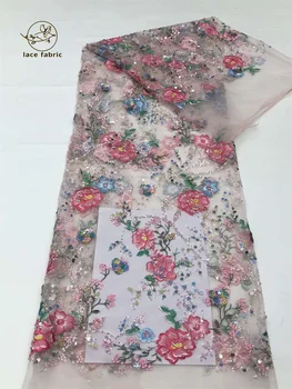 Afrikanische Blume Spitze Stoff hochwertige französische Netz stickerei Luxus Pailletten Spitze 5 Meter für Hochzeits abend Party kleid
