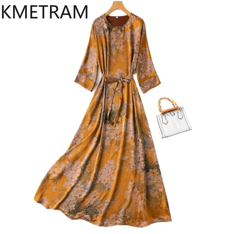 KMETRAM Real Xiangyun Sha Floral Long Dress 100% Mulberry Silk Dresses for Women Elegant Summer Frocks Woman Clothes 2026 платье