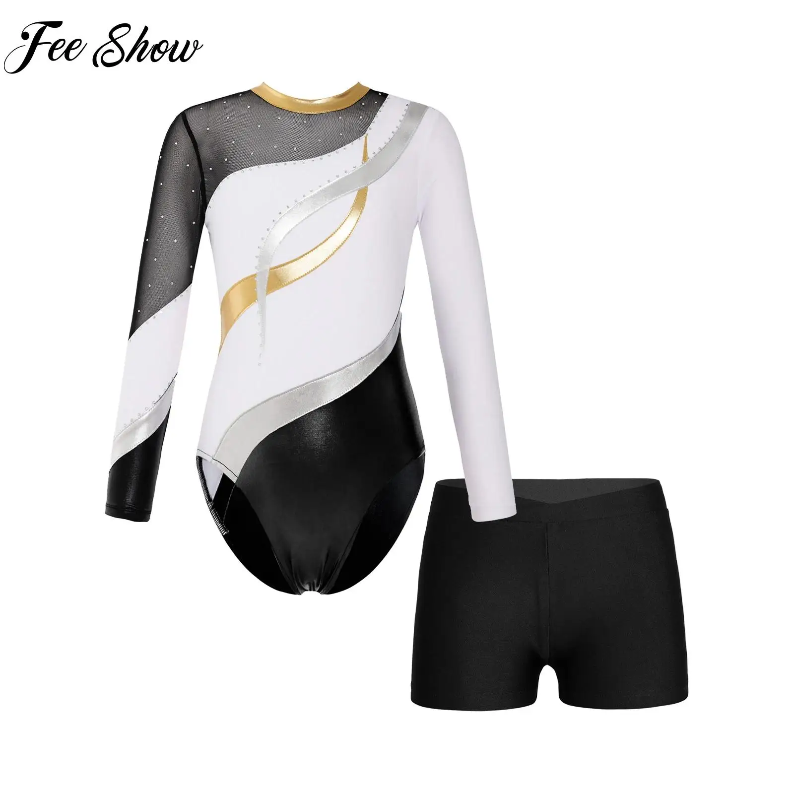 

Kids Girl Figure Ice Skating Ballet Gymnastics Leotard Long Sleeve Shiny Rhinestone Sheer Mesh Leotard with Shorts Set Outfits