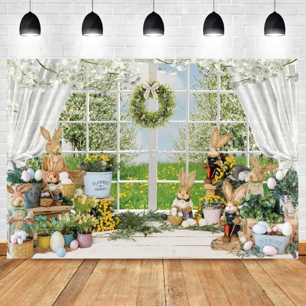 Spring Easter Photography Backdrop Window Sill Cute Rabbit Flower Wreath Baby Shower Birthday Portrait Background