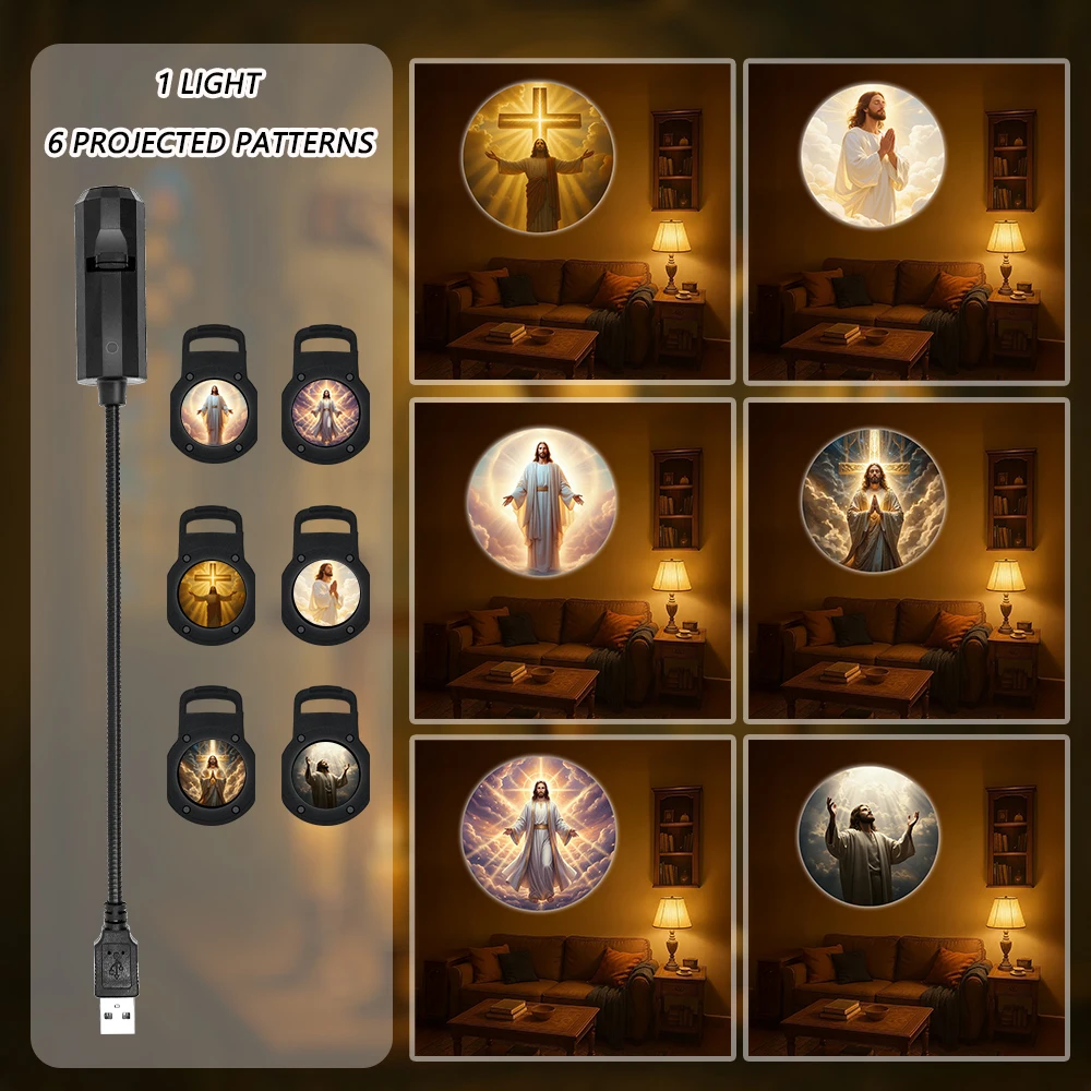 6 Jesus-Themed Projection Lights, Suitable for Living Room/Room Ambiance, Wall/Ceiling Decoration, USB Nightlights.