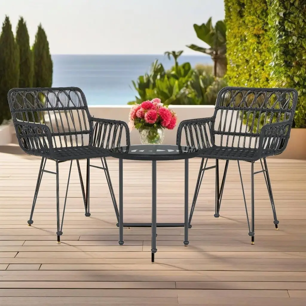 3-Piece Black Poly Rattan Patio Dining Set - Stylish Outdoor Furniture for Garden & Balcony